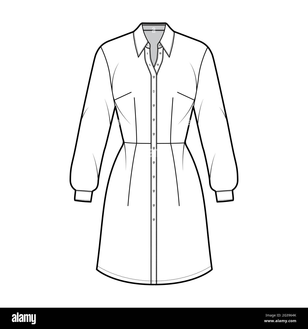 Dress shirt technical fashion illustration with long sleeves, fitted body, knee length pencil skirt, classic collar, button closure. Flat apparel front, white color style. Women, men unisex CAD mockup Stock Vector