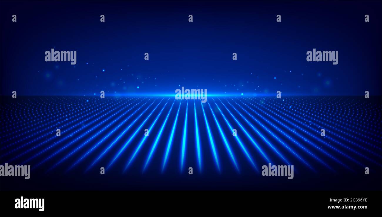 Futuristic environment with lines from glowing dots. Abstract hi-tech background for display product. Multimedia, audio, video, cinema, music. Stock Photo