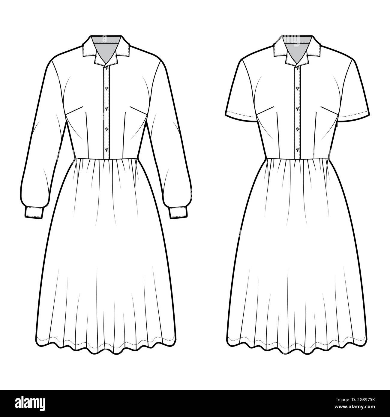 Set of Dresses house shirt technical fashion illustration with long short sleeves, knee length full skirt, classic henley collar. Flat apparel front, white color style. Women, men unisex CAD mockup Stock Vector