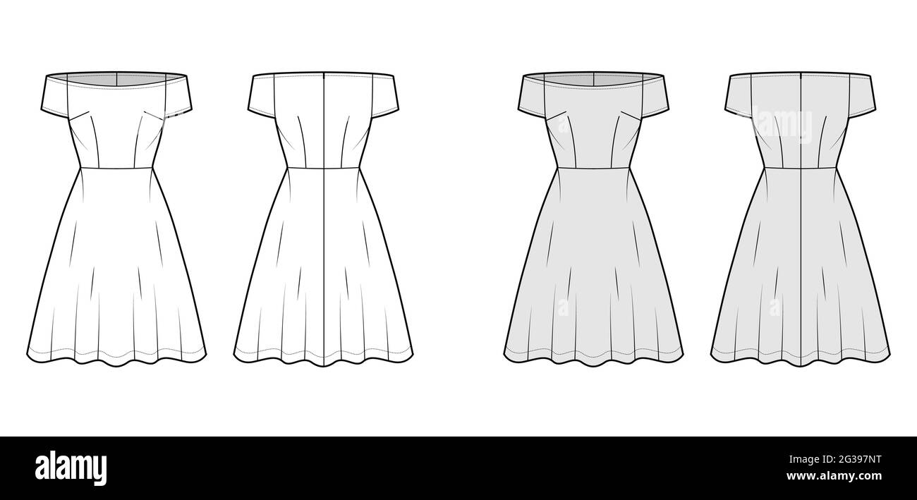 Set of Dresses off-shoulder Bardot technical fashion illustration with ...