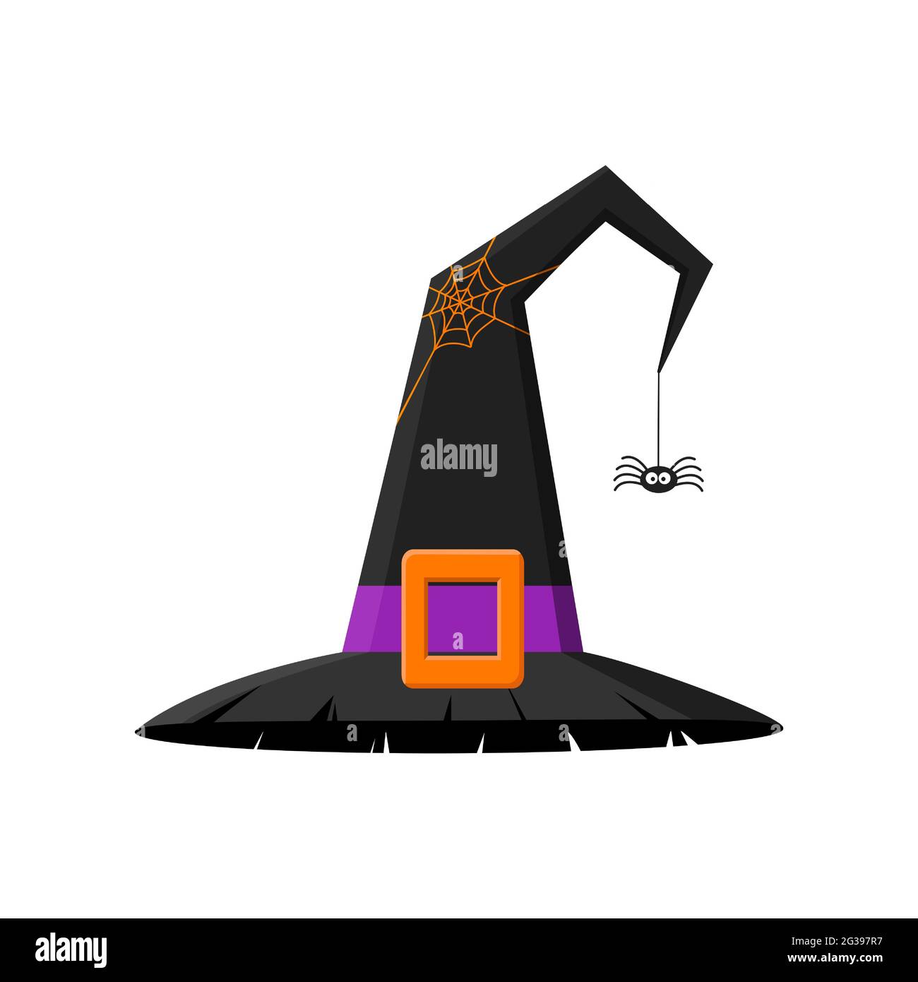 Black witch hat with big buckle, web and spider. Halloween party