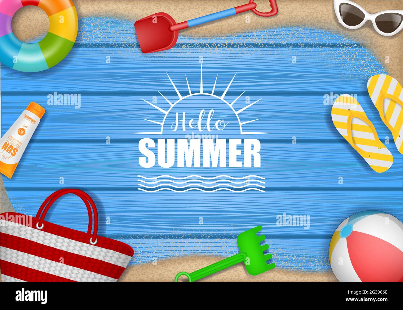 Hello summer background with beach elements on wooden background Stock Vector