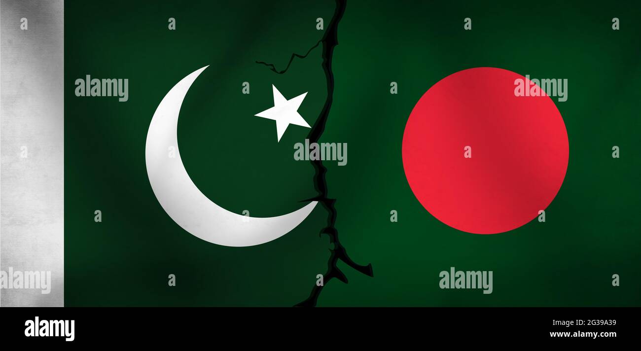 Pakistan and Bangladesh Flag Waving with Cracked Concept. Division of Countries background concept Stock Photo