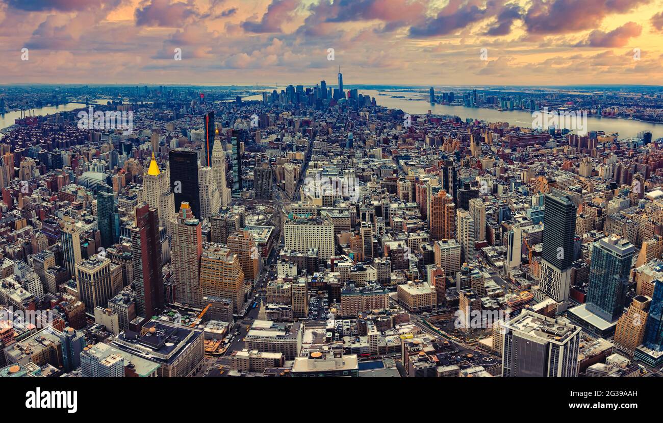 Breathtaking view of New York City skyline at scenic sunset Stock Photo ...