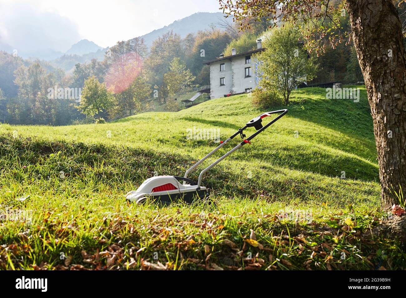 Lawn mower, brushcutter on green grass in garden in front of italian mountains, sunny autumn day. Valsassina Stock Photo