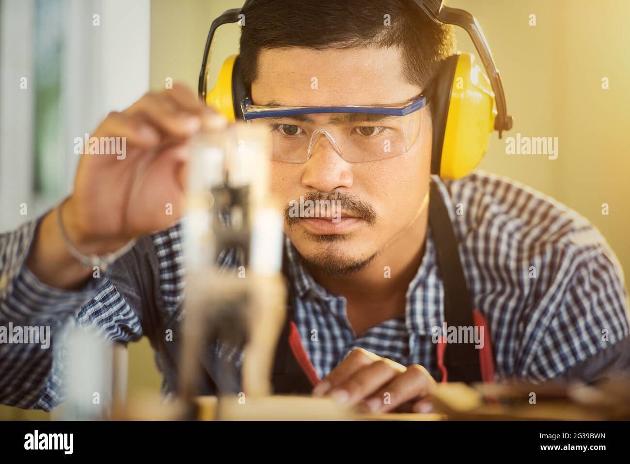 Portrait carpenter man  happy attractive hardworking Stock Photo