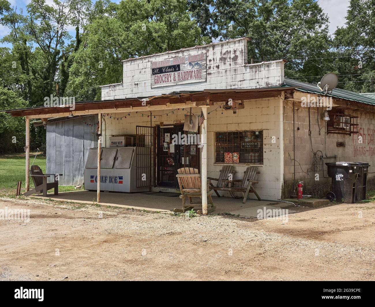 Front exterior of old rustic rural, small, country store on a back road in Lowndes County Alabama, USA. Stock Photo