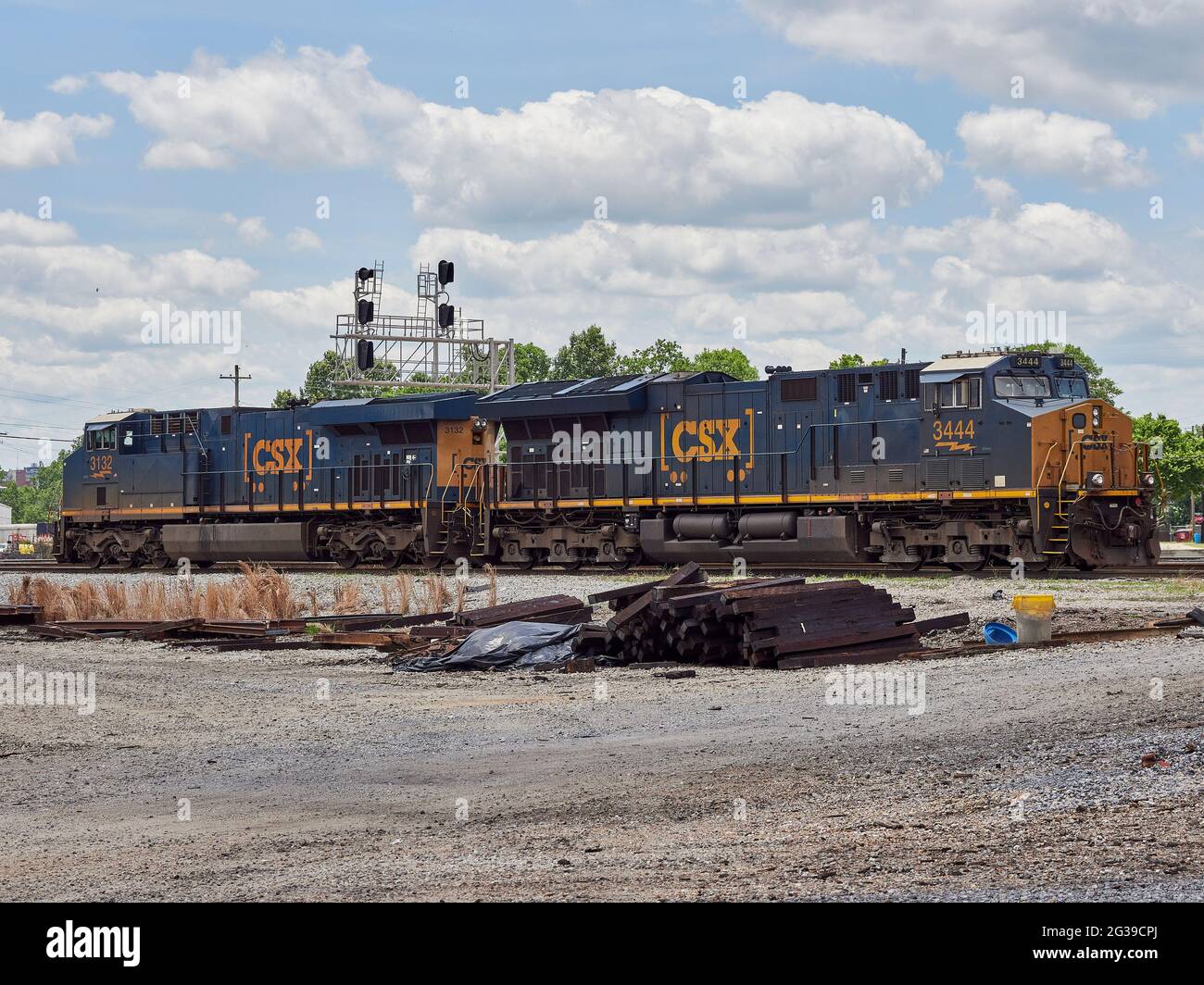 CSX Transportation, an evolution series GE ET44AH and GE ES44AH diesel locomotives, sit idle waiting for crew in Montgomery Alabama, USA. Stock Photo