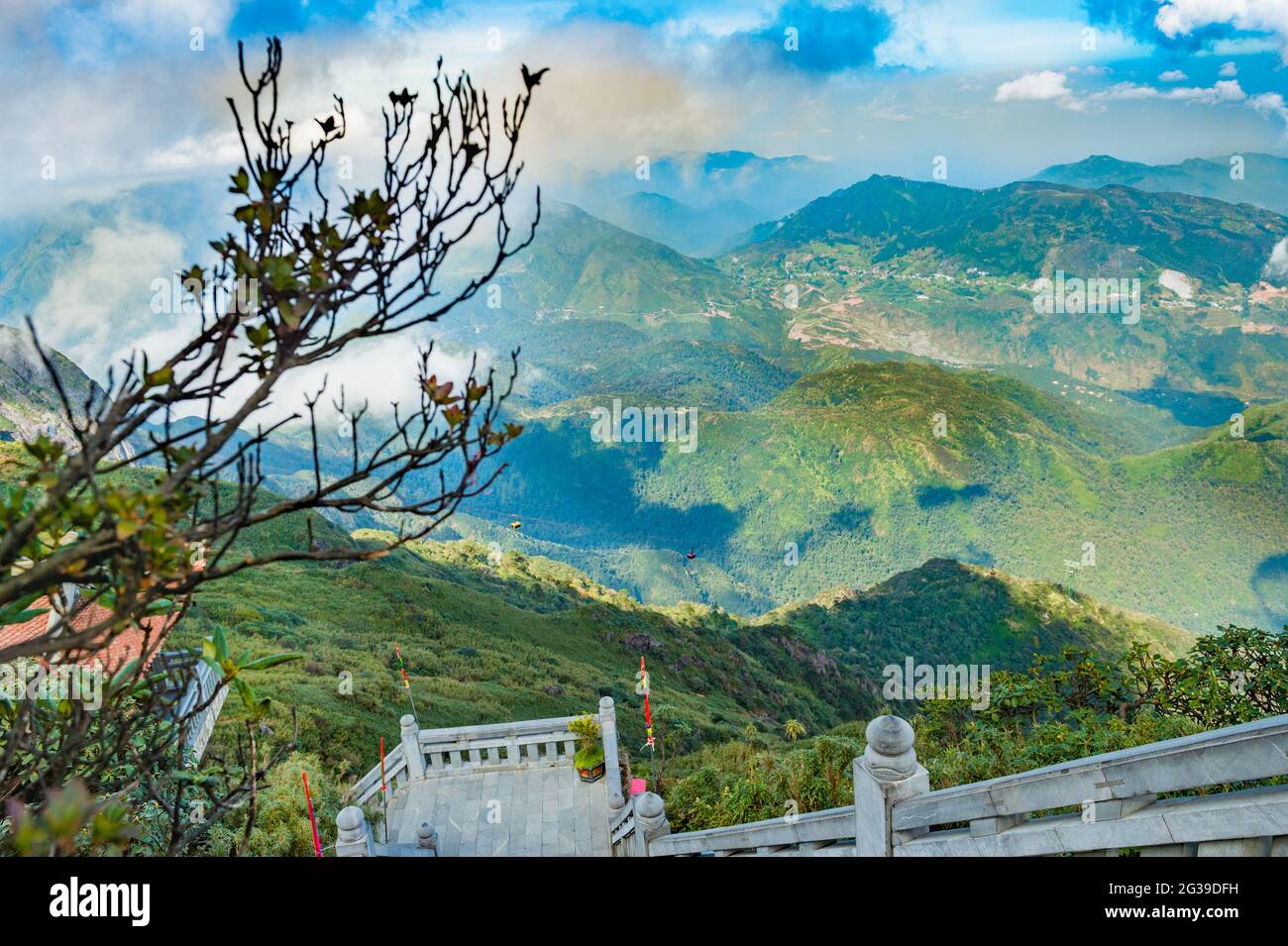 A view of the mountains from the top of Fansipan mountain, Sapa, in the ...