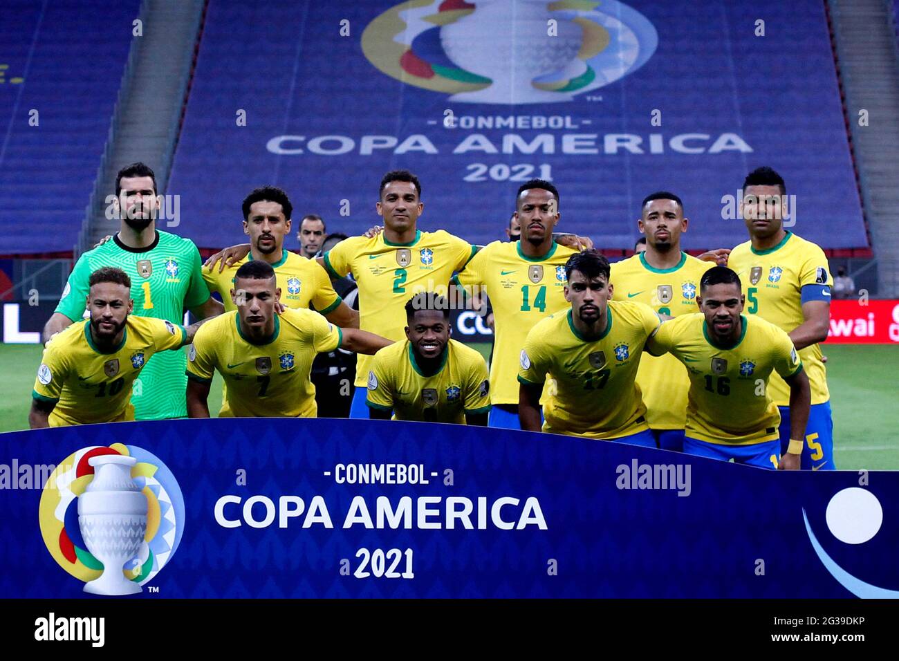Brasilia Brazil June 13 Brazil Team Group From The Left Up Alisson Marquinhos Danilo Eder Militao Gabriel Jesus Casemiro Neymar Richarlison Fred Lucas Paqueta And Renan Lodi Pose During The