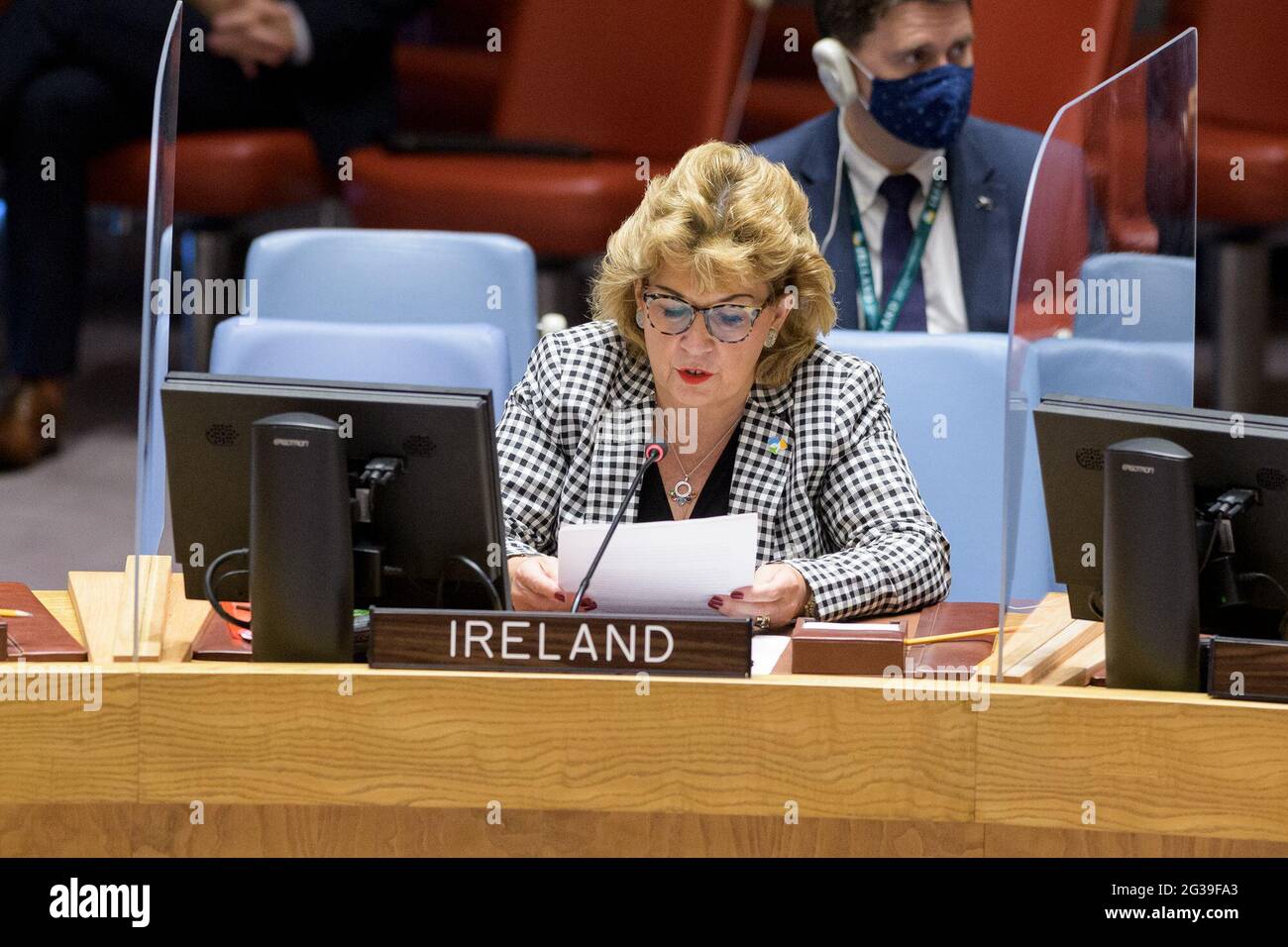 (210614) -- UNITED NATIONS, June 14, 2021 (Xinhua) -- Geraldine Byrne Nason (Front), permanent representative of Ireland to the United Nations and chair of the Security Council Committee pursuant to Resolution 751 (1992) concerning Somalia, addresses a UN Security Council meeting on the situation in Somalia at the UN headquarters in New York, on June 14, 2021. Three members of the Al-Shabaab armed group have been listed for sanctions during the reporting period to further help the federal government of Somalia fight the insurgents, the chair of the Security Council's sanctions regime for the c Stock Photo