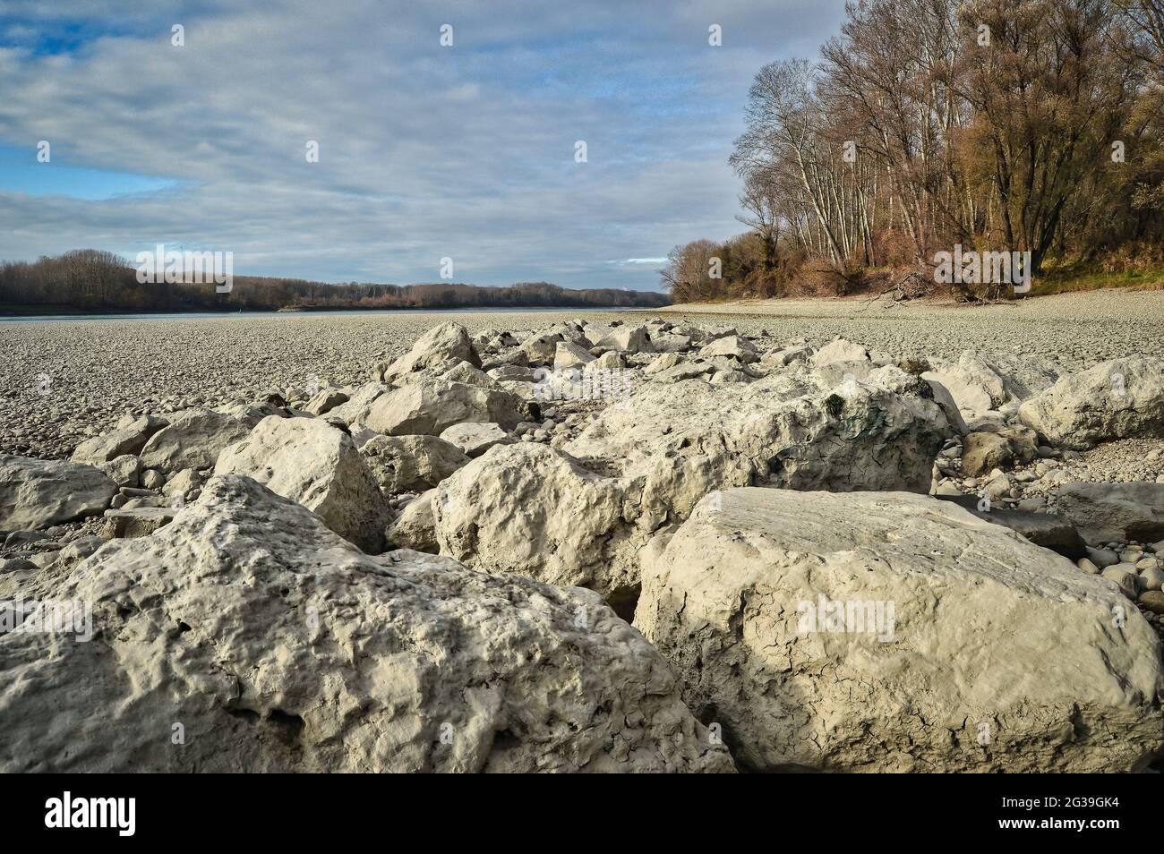 big rocks at austrian Donau river beach - wild nature reserve area ...