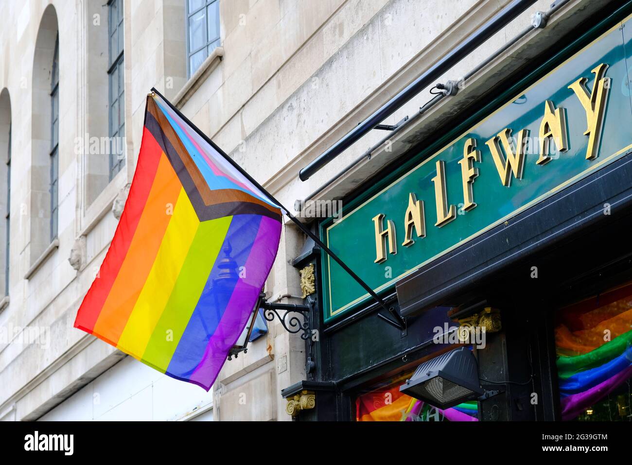 A Progress Pride flag hangs outside a LGBT+ pub. The intersex community
