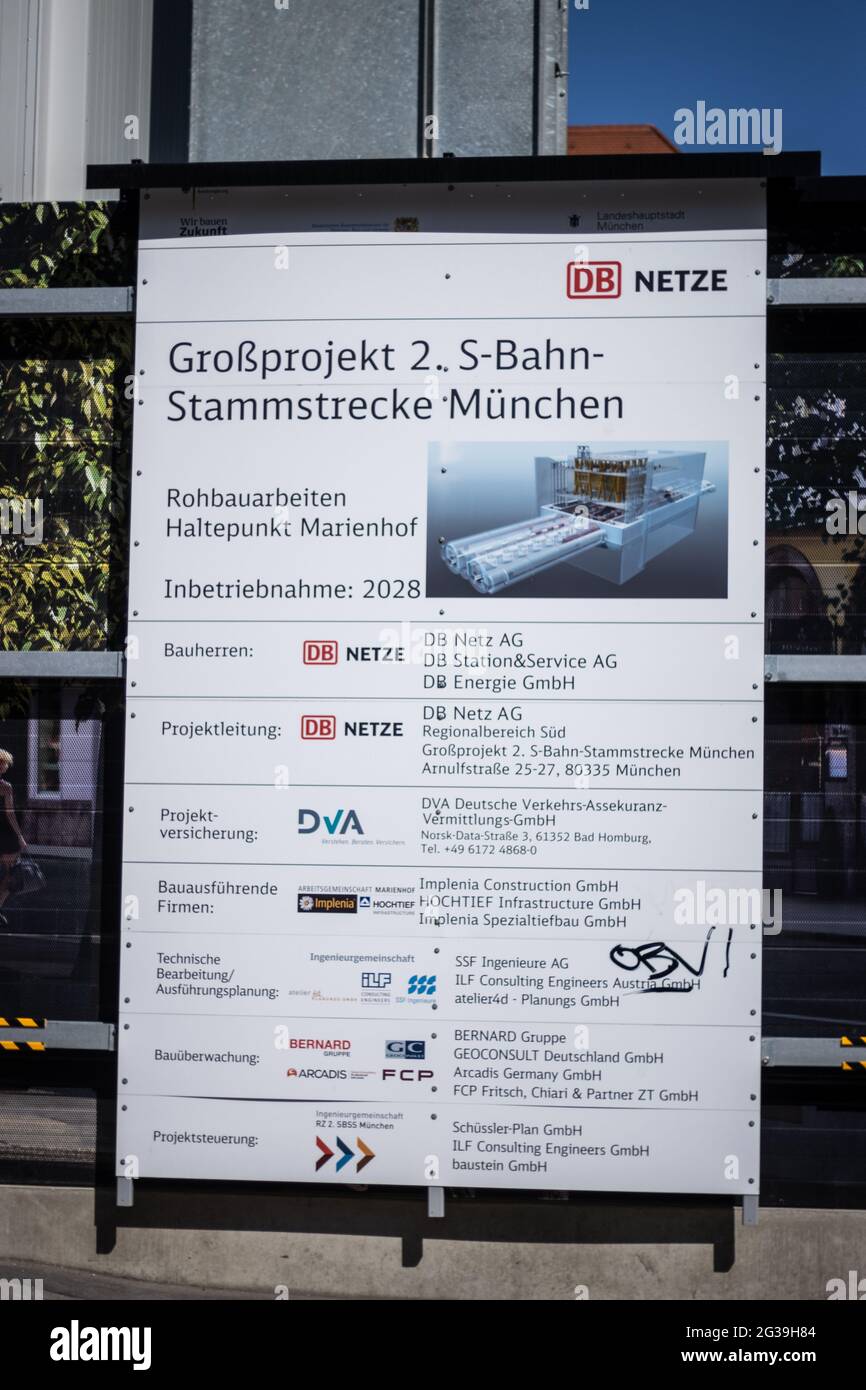 MUNICH, GERMANY - Jun 12, 2021: Bauschild der 2. Stammstrecke Muenchen am Marienhof, Fertigstellung 2028 Stock Photo