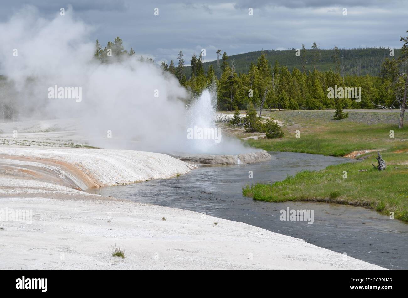 Spring in Yellowstone National Park: Iron Spring Creek Flows Past Cliff Geyser of the Emerald Group in the Black Sand Basin Area of Upper Geyser Basin Stock Photo