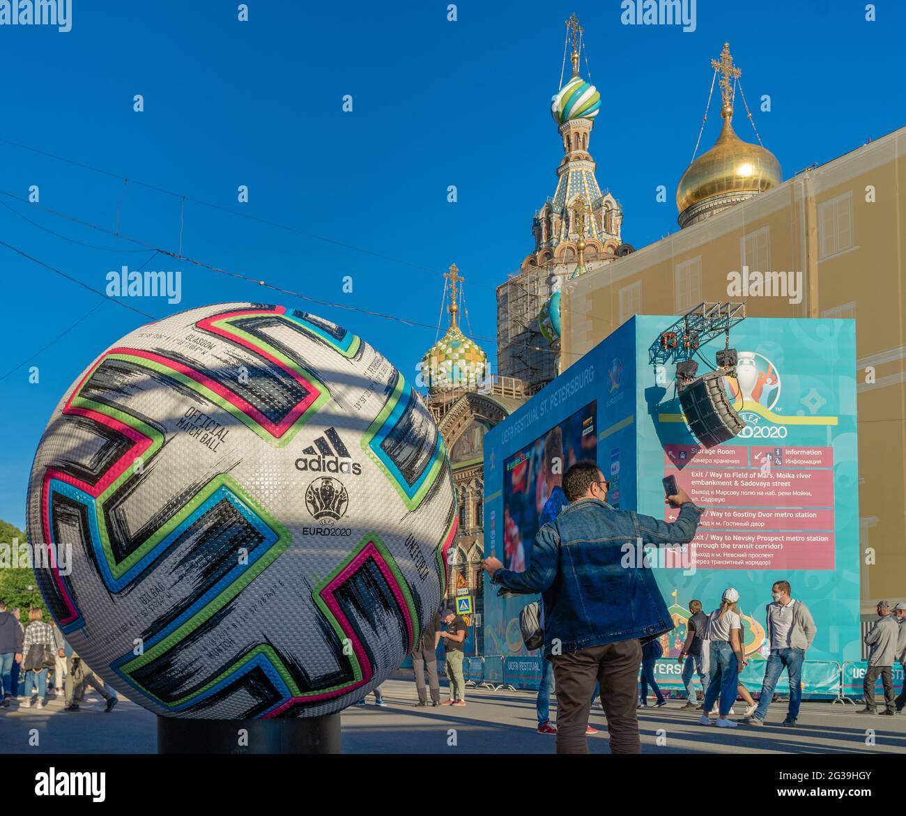 Huge official match ball of euro uefa 2020 championship set in a fan zone in historic center of St Petersburg, Russia Stock Photo