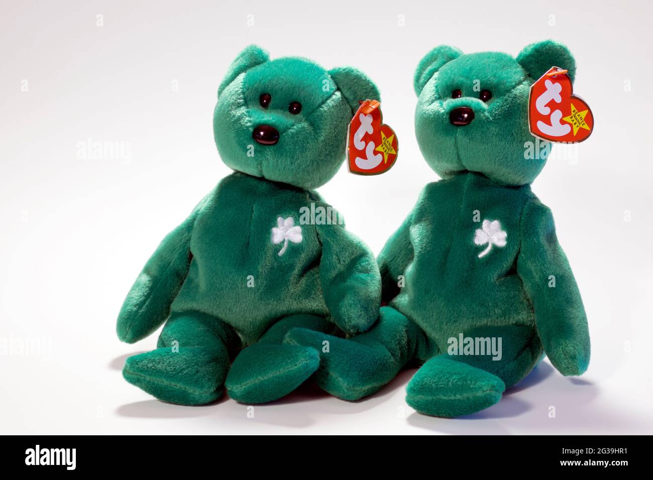 Twin Beanie Babies named Erin. Date of birth March 17, 1997 Stock Photo