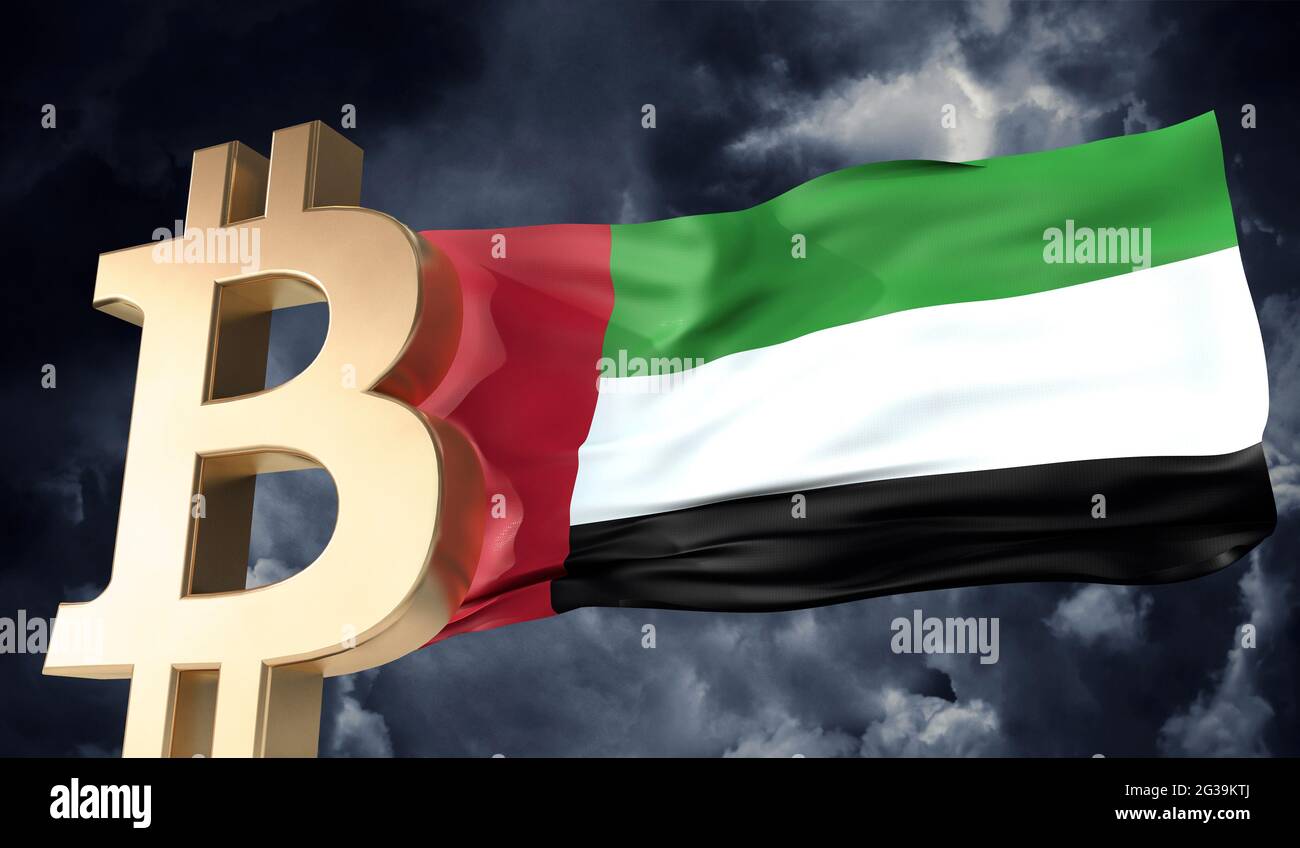 Gold bitcoin cryptocurrency with a waving UAE flag. 3D Rendering Stock Photo