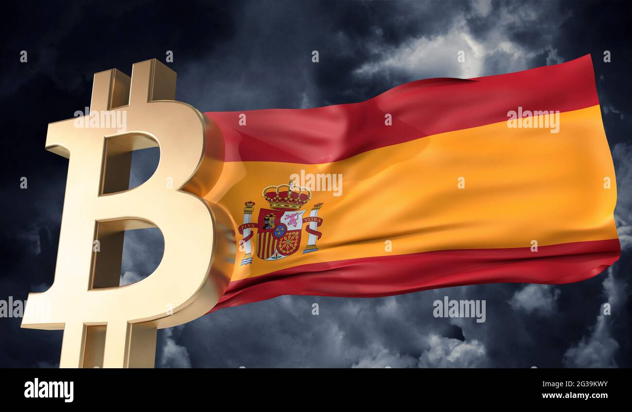 Gold bitcoin cryptocurrency with a waving Spain flag. 3D Rendering Stock  Photo - Alamy