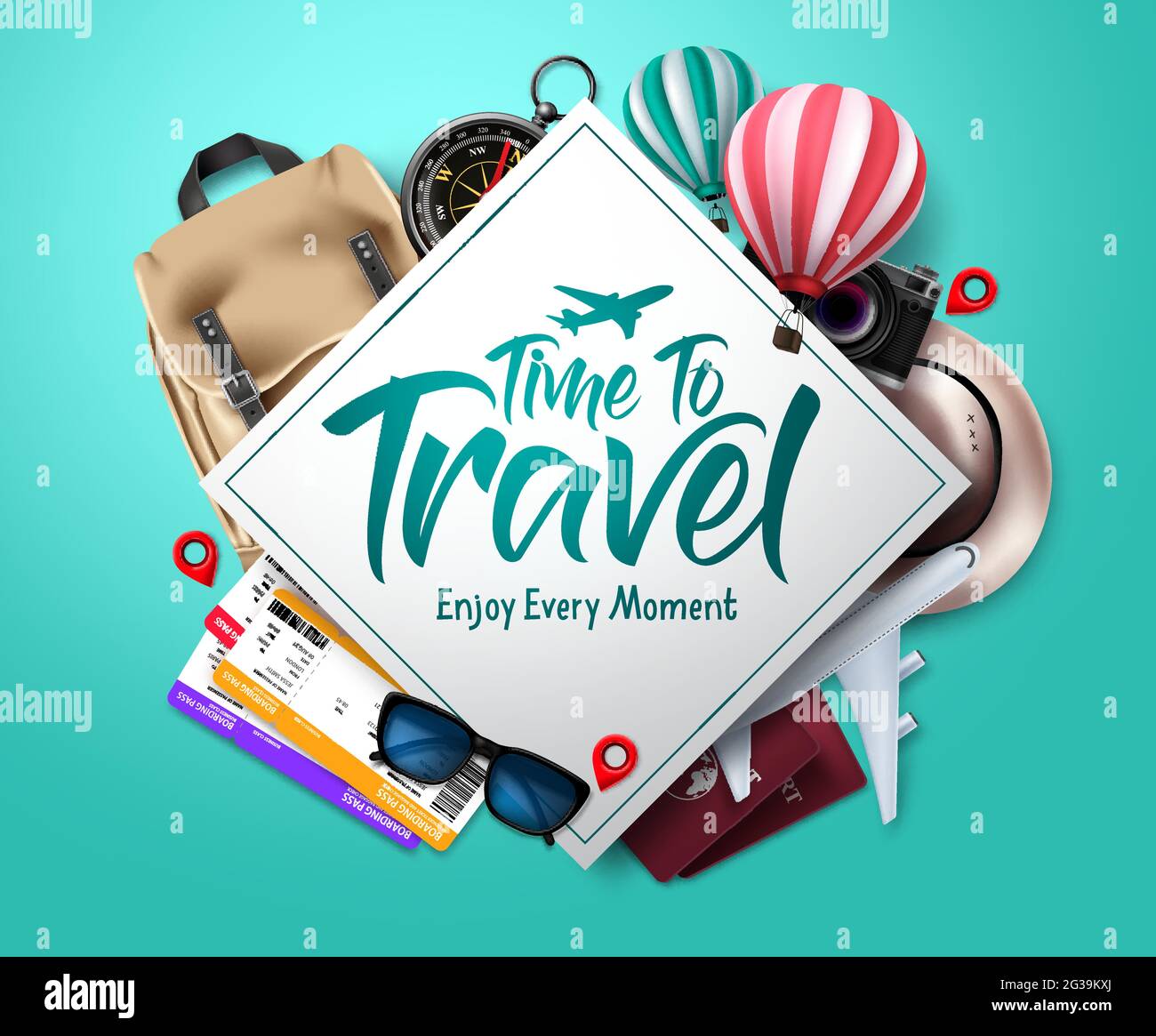 Travel time vector template design. Time to travel text in empty space frame with traveler elements for international trip and vacation. Vector Stock Vector