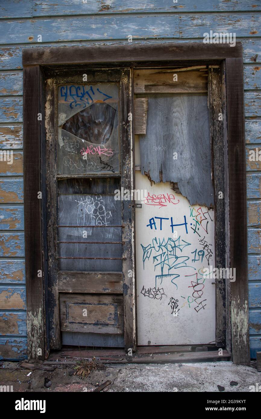 Abandoned building in Marshall. Tomales Bay is a long narrow inlet of ...