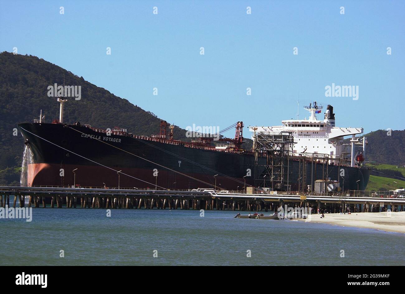 The tanker, Capella Voyager loads fuel at Marsden Point oil refinery