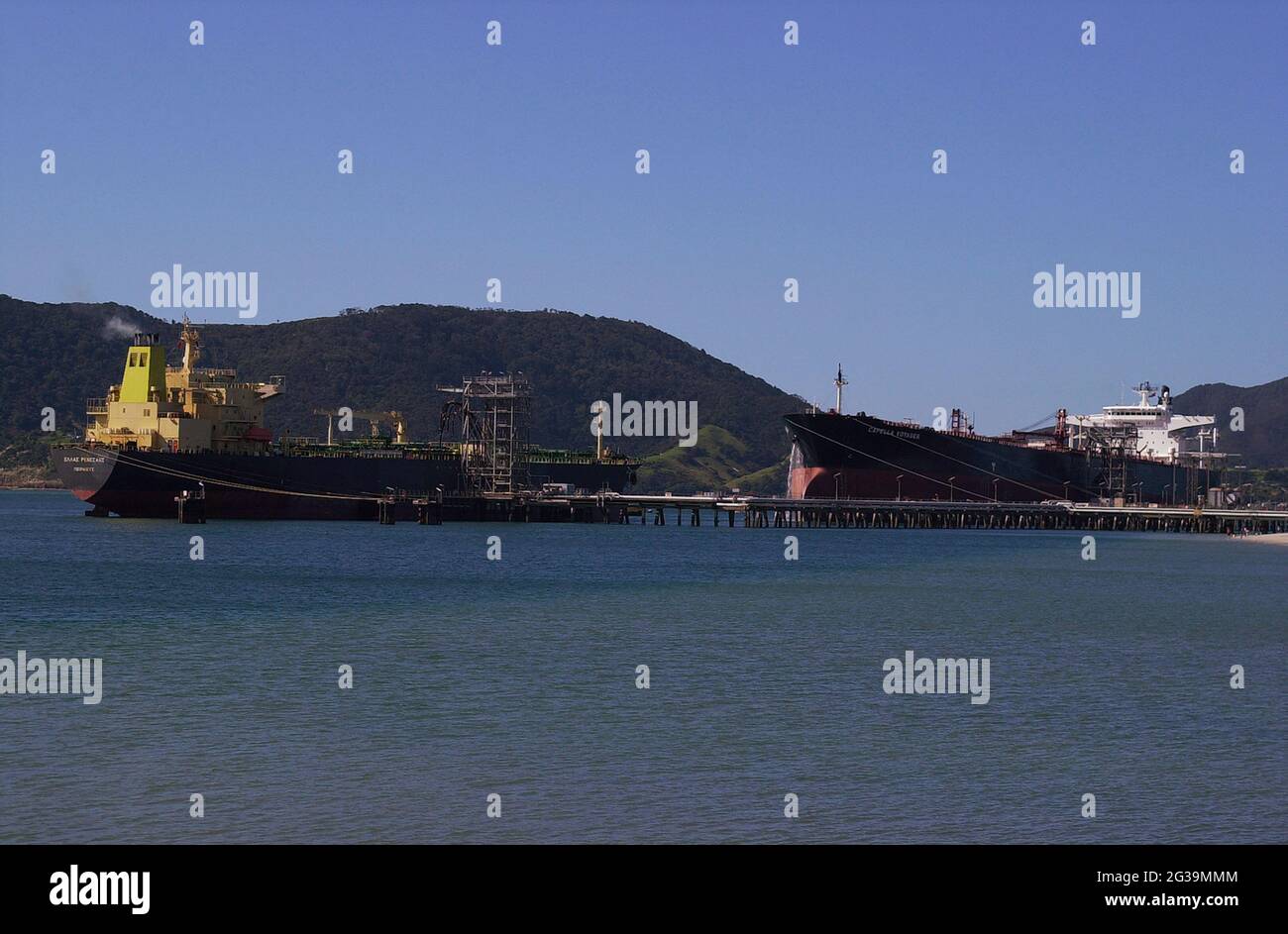 Tankers load fuel at Marsden Point oil refinery, Northland, New Zealand