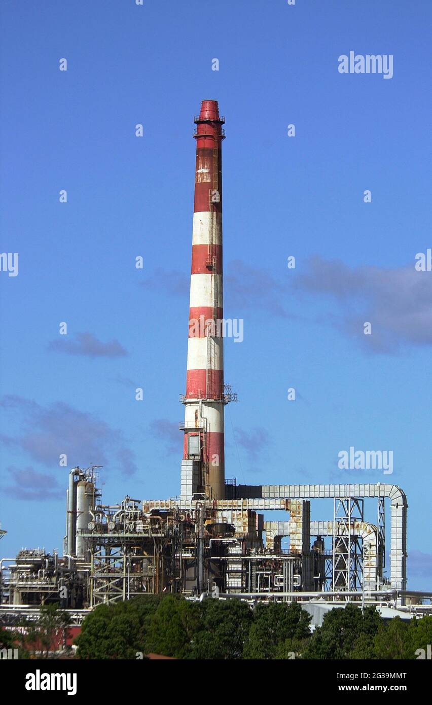 Exhaust stack at Marsden point oil refinery. Northland, New Zealand