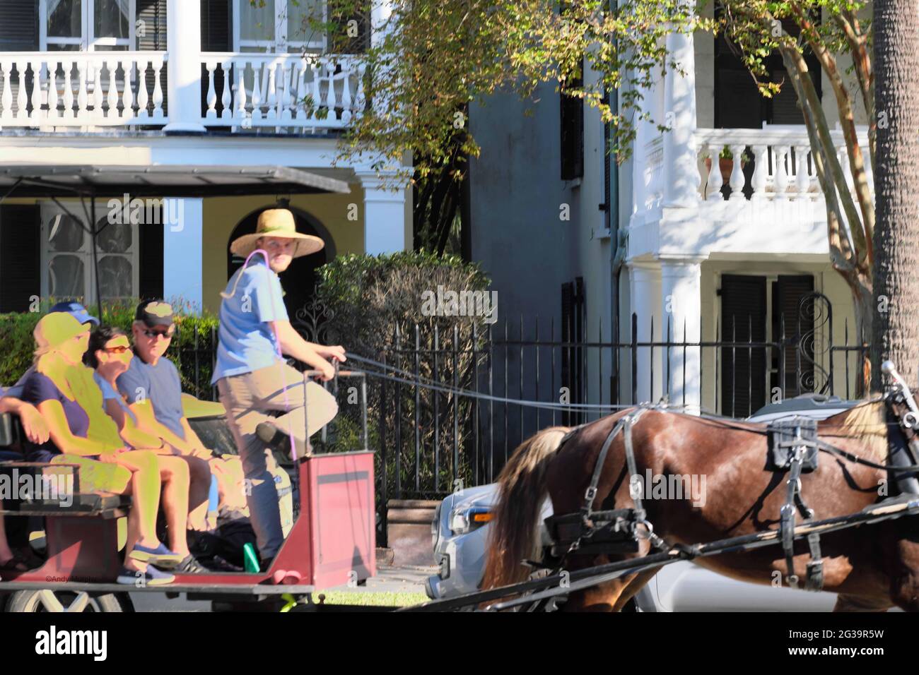 Tourists ride buggy pulled by horse while driver explains historic area from colonial and civil war eras in historic Charleston, SC. Stock Photo