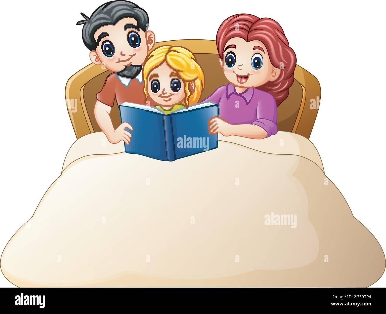 Family reading a book to daughter on bed on a white background Stock Vector