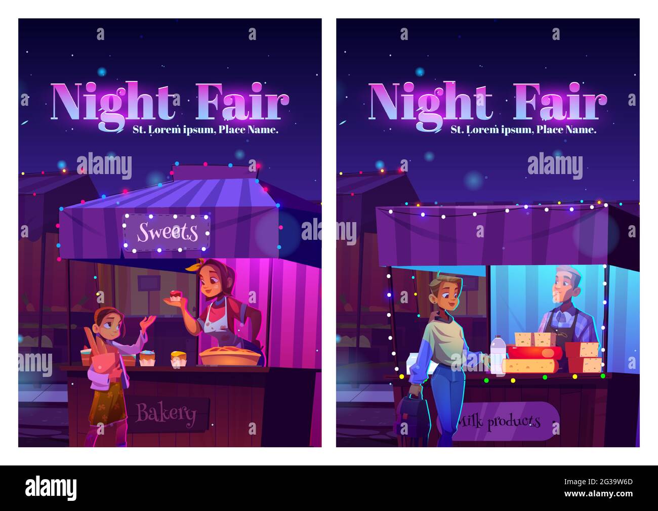 Night fair posters with food market on street. Vector flyers of festive