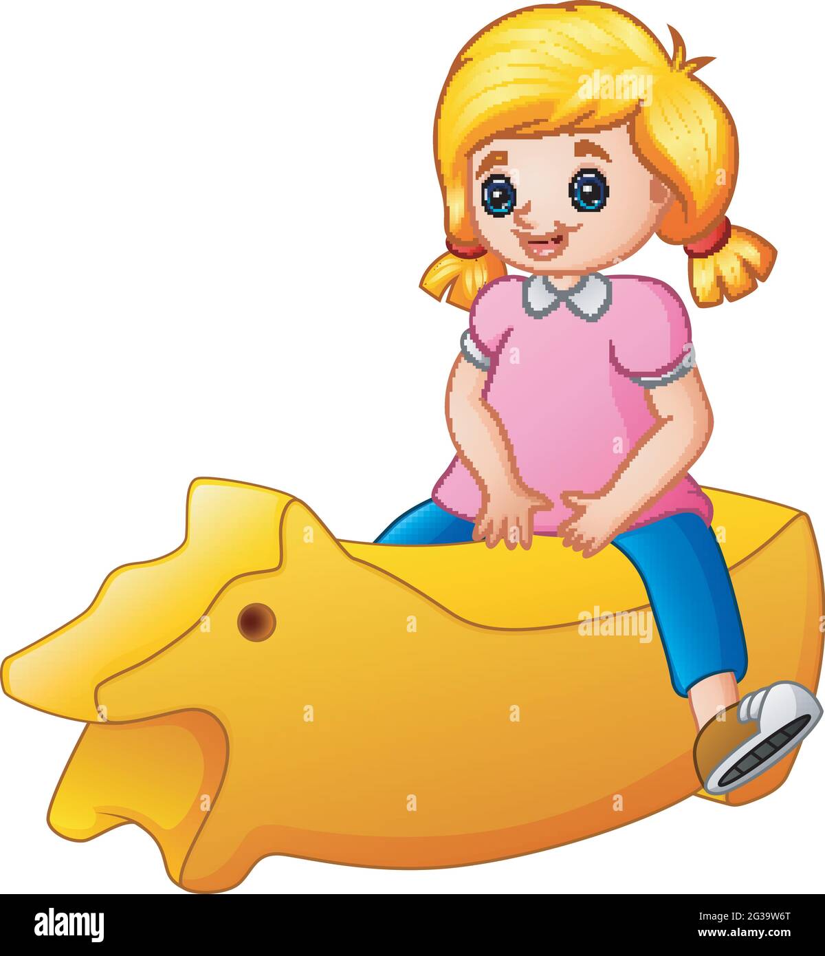 Little girl riding a yellow toy isolated on white background Stock Vector