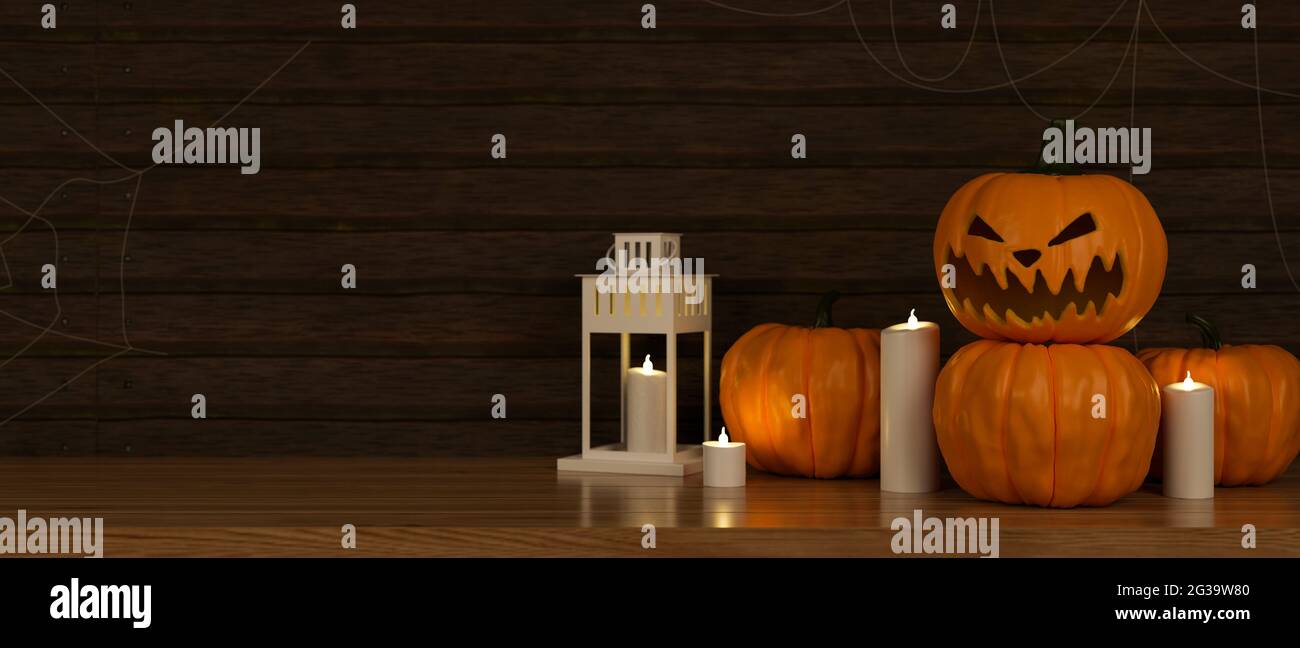 Halloween decorations with pumpkin lamps and candles on the floor in living room, 3D rendering, 3D illustration Stock Photo