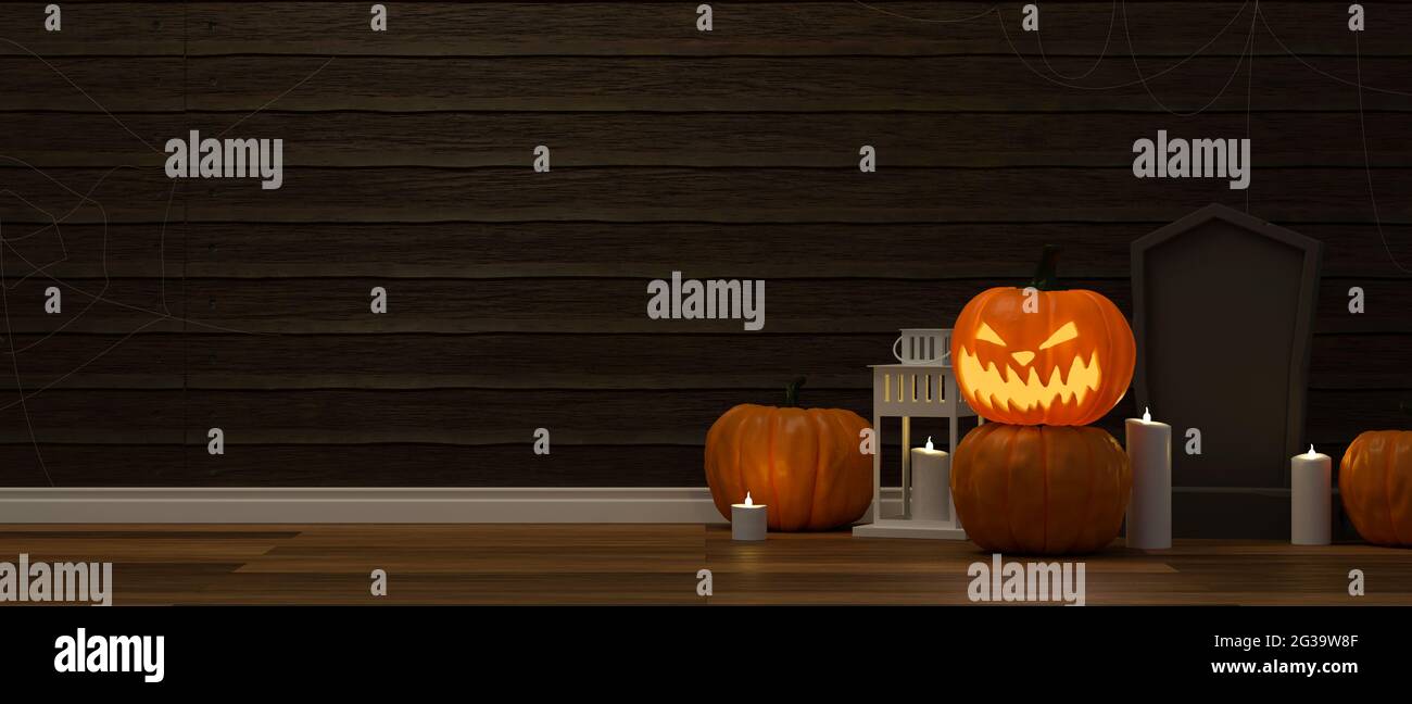 Halloween decorations with pumpkin lamps, candle and scary stuff on the floor in living room, 3D rendering, 3D illustration Stock Photo