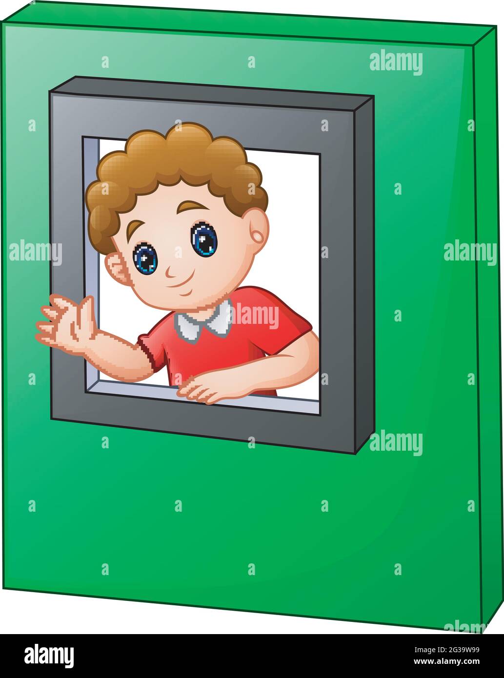 Happy boy waving and looking out of window toy Stock Vector