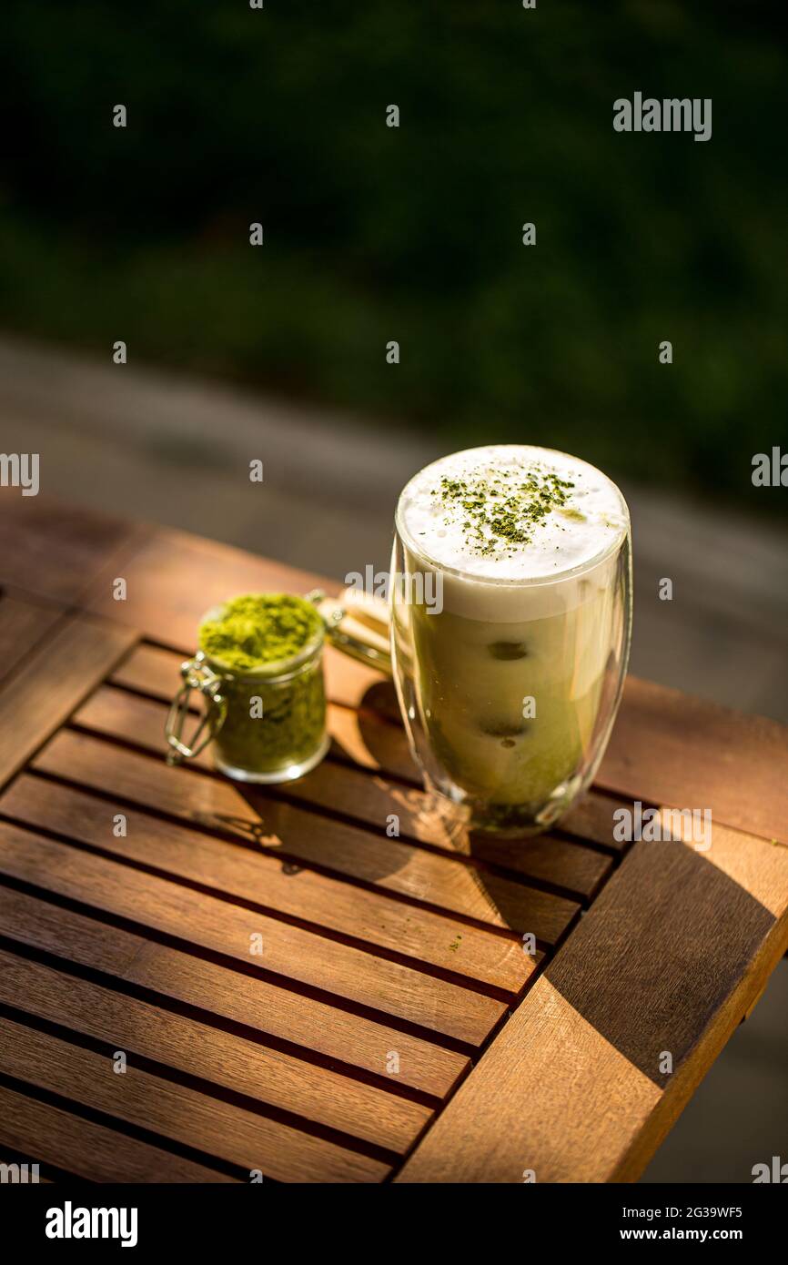 Matcha green tea with ice cubes Stock Photo