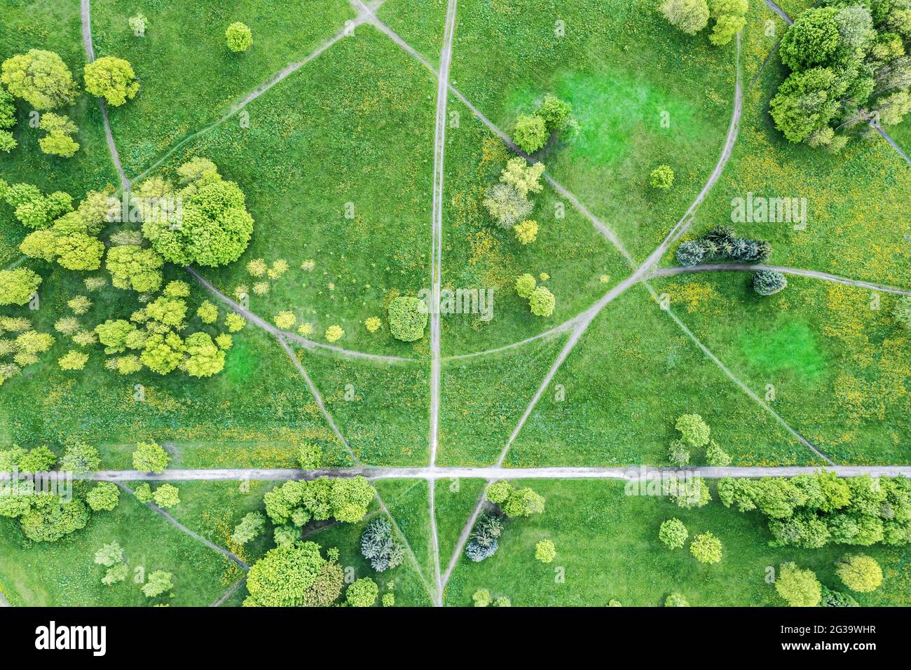 summer park landscape. abstract shapes of footpaths on green lawn among ...