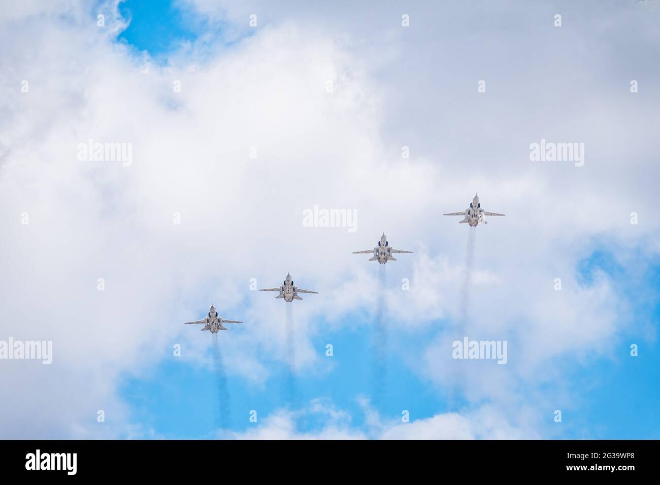 Moscow, Russia - May, 05, 2021: Sukhoi SU-24 flying over Red Square during the preparation of the Victory Day May 9 parade. Stock Photo