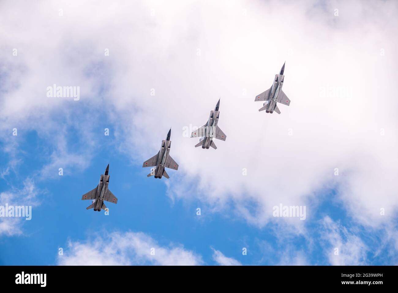Moscow, Russia - May, 05, 2021: Four MIG-31K, Foxhound, with Kh-47M2 Kinzhal missle flying over Red Square during the preparation of the May 9 parade. Stock Photo