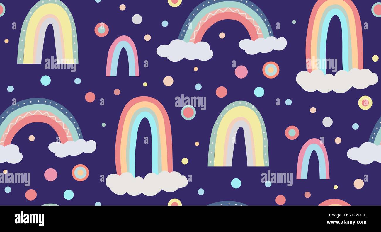 Cute childish pattern of the sky. Seamless pattern with different rainbows, clouds and dots. Vector wallpaper in gentle pastel colors on a dark backgr Stock Vector
