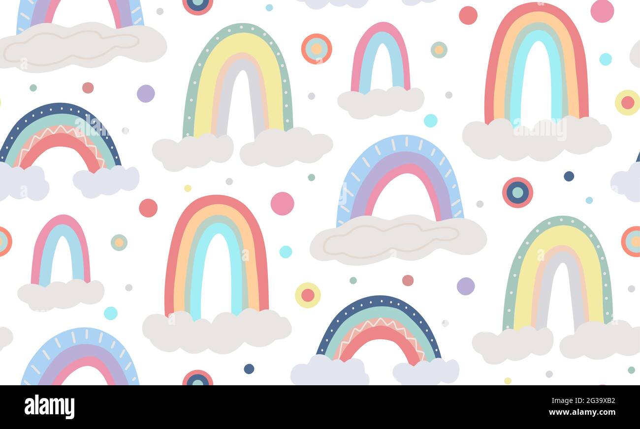 Cute childish pattern with different rainbow, cloud on white background ...