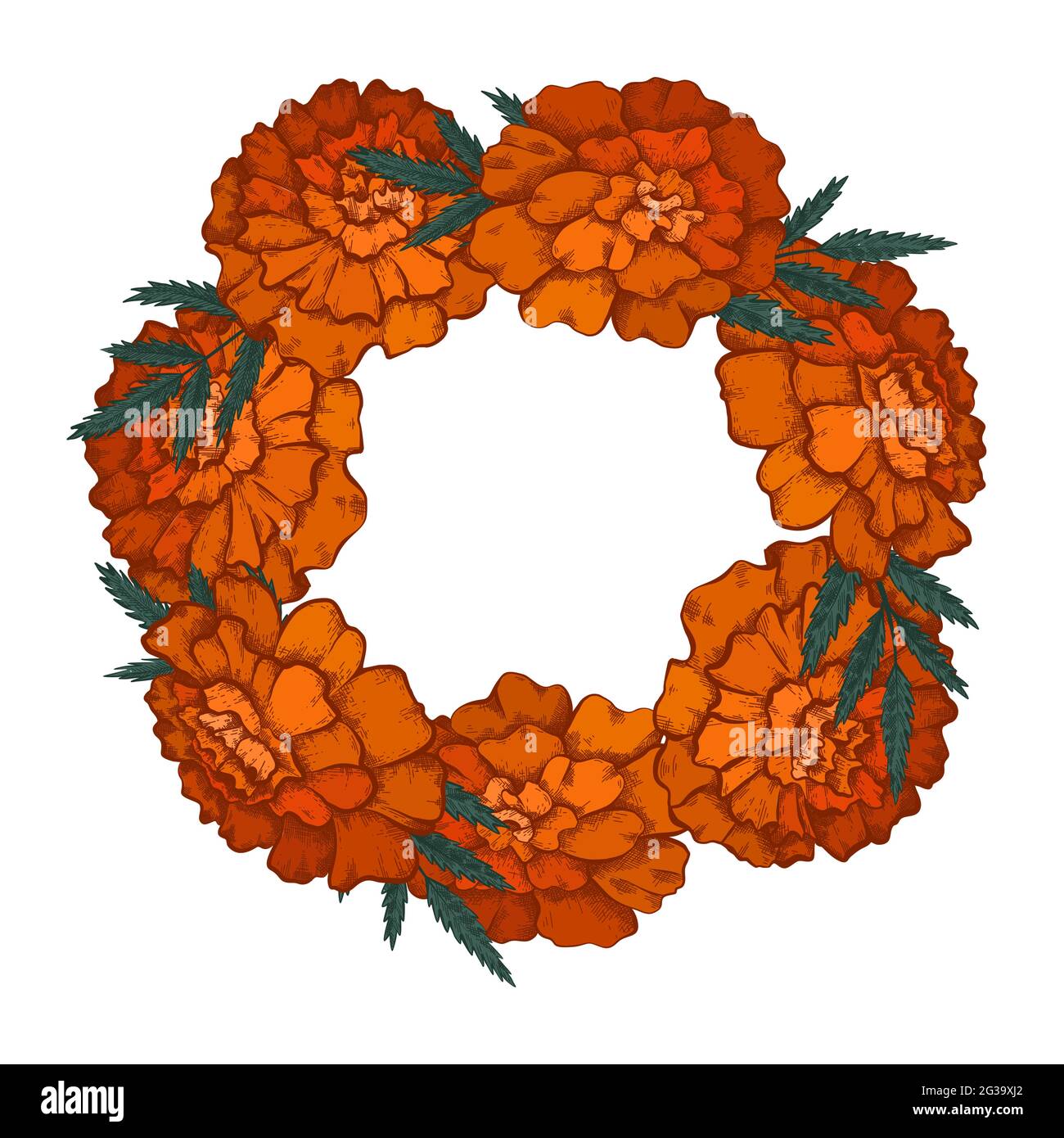 Round frame with colorful sketch of marigolds and copy space. Invitation cards with garland of flowerhead. Vector orange color natural template for po Stock Vector