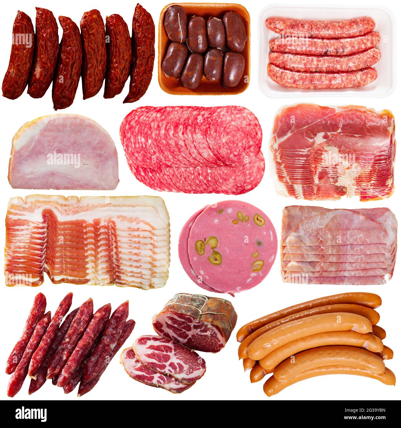 Collage of sausages and deli meats isolated on white Stock Photo Alamy