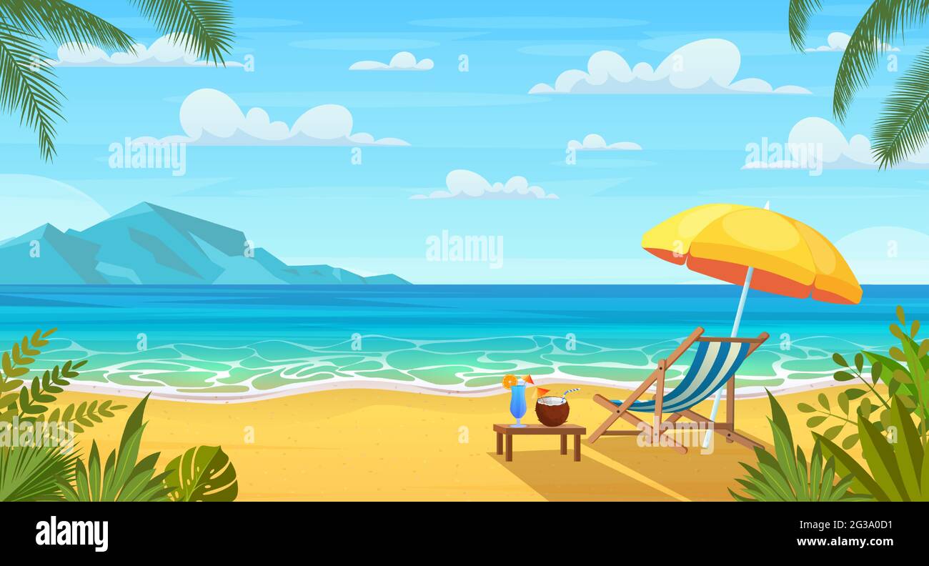 Summer tropical beach with sun loungers Stock Vector Image & Art - Alamy