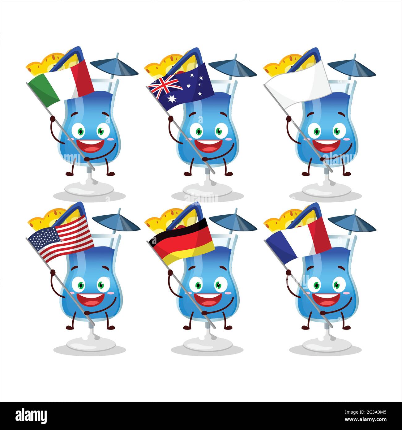 Blue hawaii cartoon character bring the flags of various countries ...