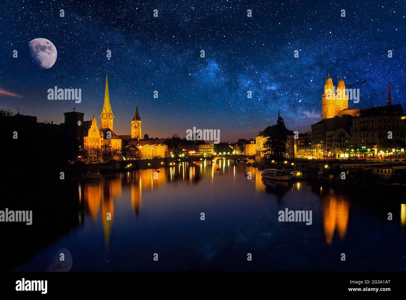 Switzerland Zurich Moon with starry sky over the Limmat river Stock Photo