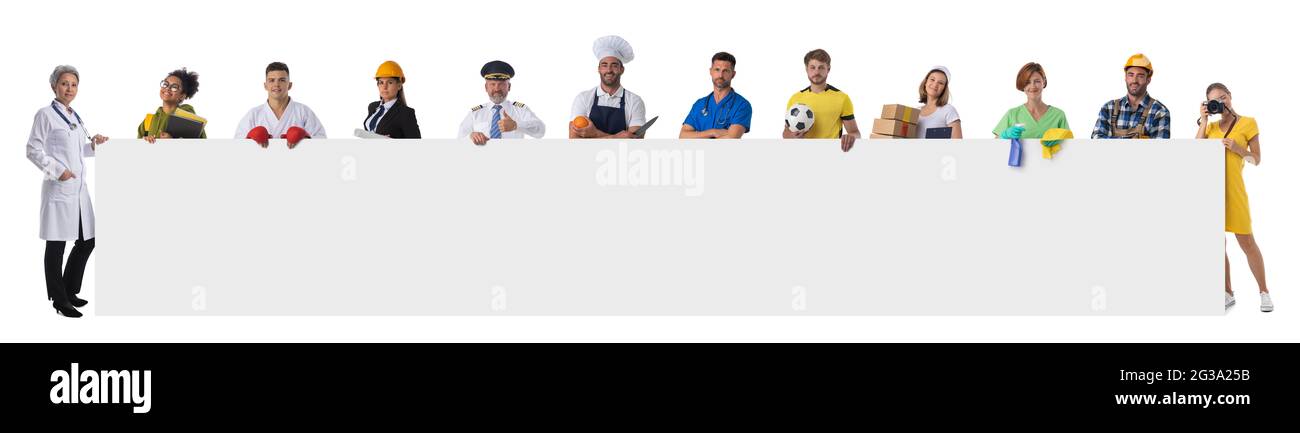 Group of diverse professionals holding blank banner ad isolated on white  background Stock Photo - Alamy
