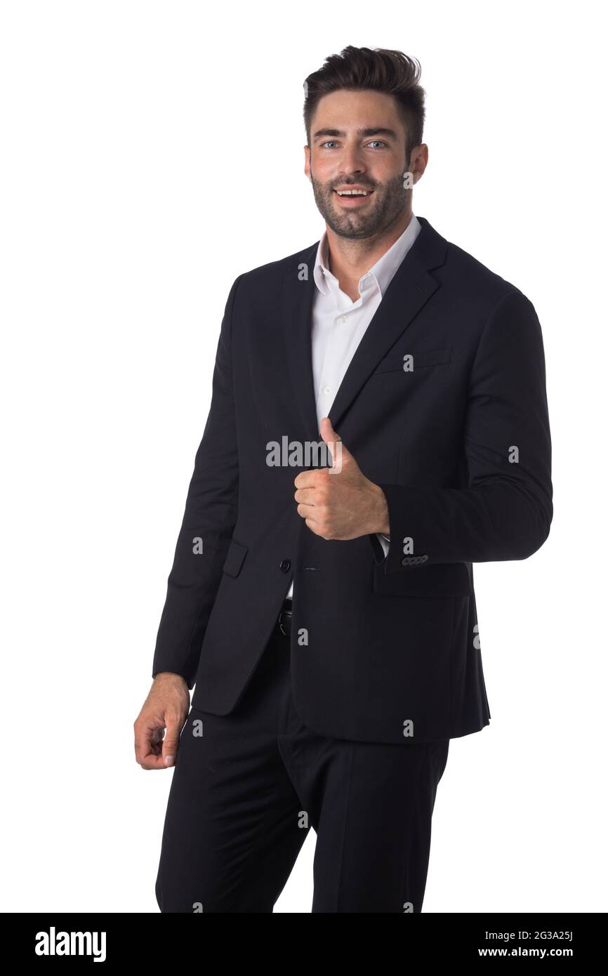 Portrait of young handsome business man in black suit smiling and ...