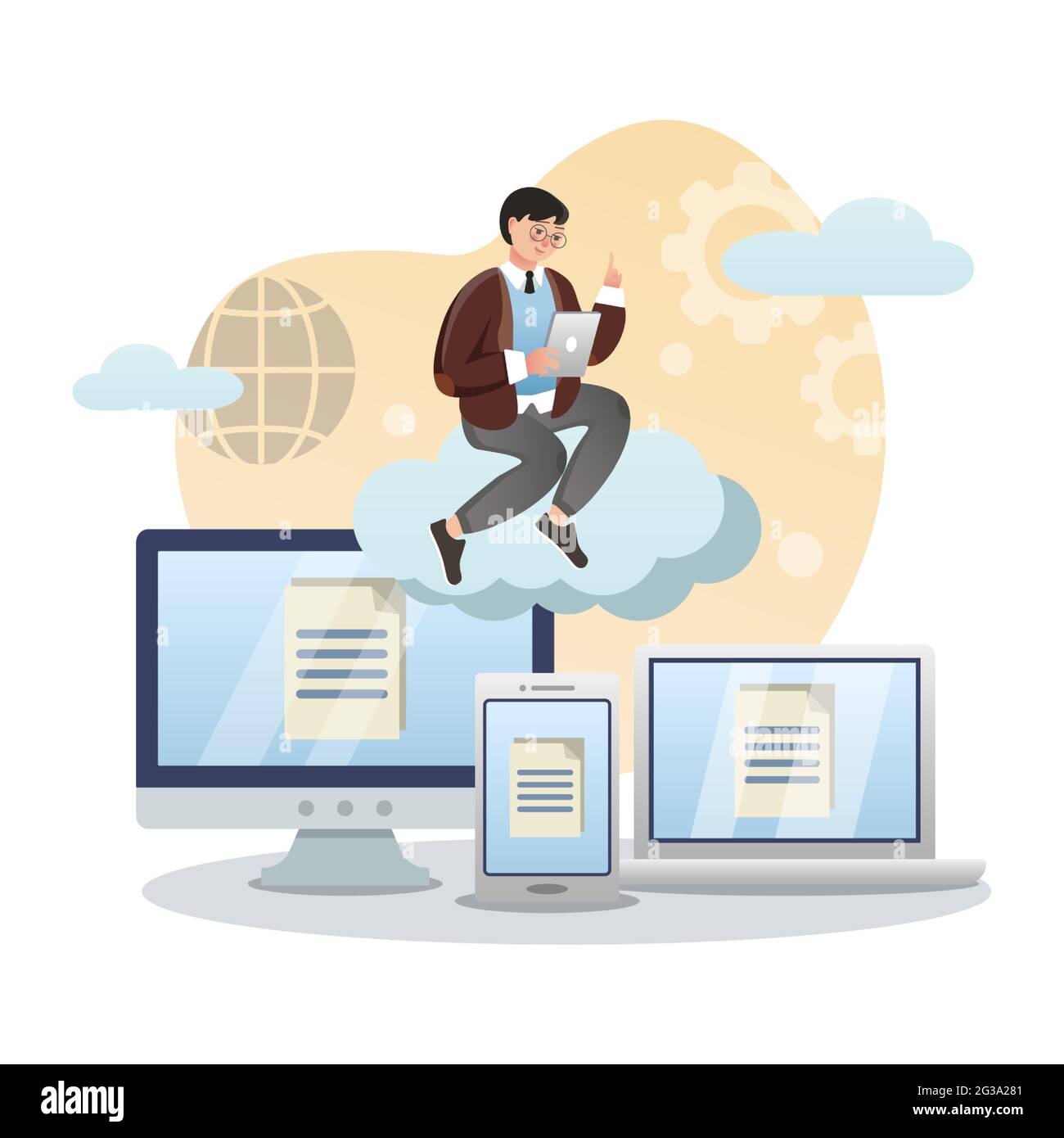 Cloud Computing. Isolated flat style colored illustration. Cloud storage, online base, marketing solution. A man is sitting on a cloud over comuters. Stock Vector