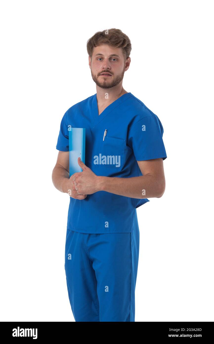 Male nurse in blue uniform with stethoscope and document folder isolated on white background Stock Photo